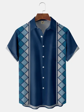 Geometric Check Chest Pocket Short Sleeve Bowling Shirt