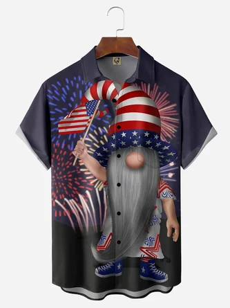 Hardaddy American Flag Gnome Chest Pocket Short Sleeve Casual Shirt