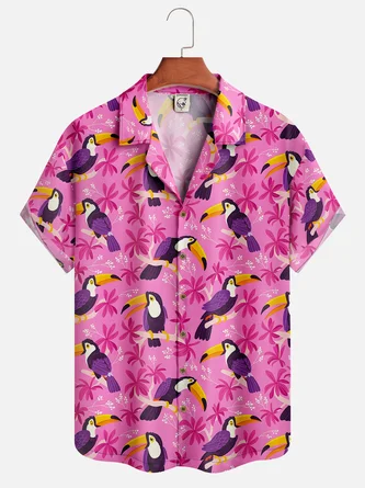Moisture-wicking Tropical Plant Toucan Short Sleeve Aloha Shirt