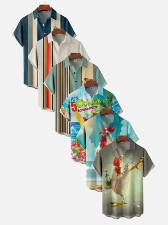 6-Pack Moisture-wicking Breathable Rooster Toucan Parrot Chest Pocket Hawaiian Shirt