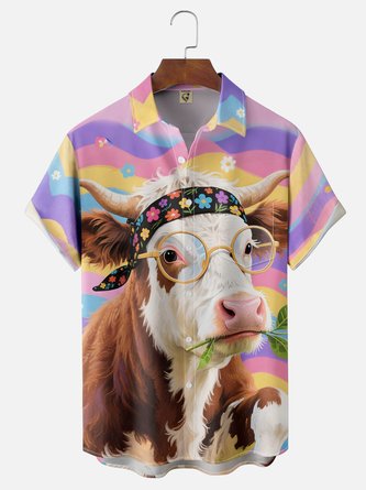 Moisture-wicking Cow Chest Pocket Hawaiian Shirt
