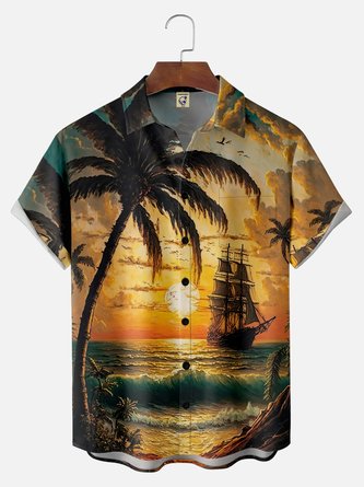 Big Size Moisture-wicking Palm Tree Chest Pocket Hawaiian Shirt