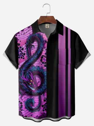 Big Size Moisture-wicking Music Note Chest Pocket Bowling Shirt