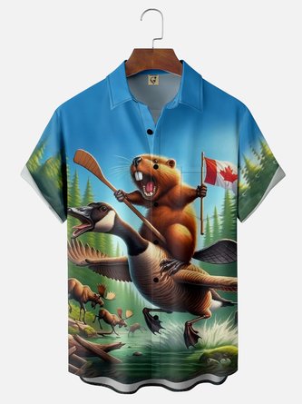 Moisture Wicking Canada Groundhog Maple Leaf Chest Pocket  Hawaiian Shirt