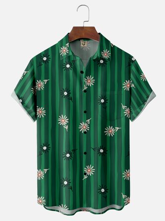 Moisture Wicking Geometric Floral Chest Pocket Hawaiian Shirt