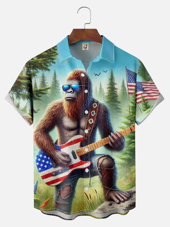 Big Size Moisture-wicking American Flag Bigfoot Guitar Rock Chest Pocket Hawaiian Shirt