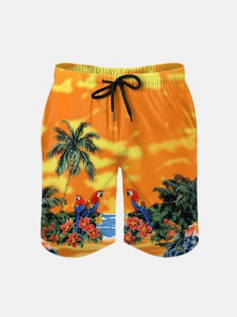 Men's Swim Trunks Hawaiian Tropical Palm Tree Parrots Beach Shorts with Pockets