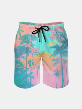 Men's Swim Trunks Hawaiian Tropical Palm Tree Beach Shorts with Pockets