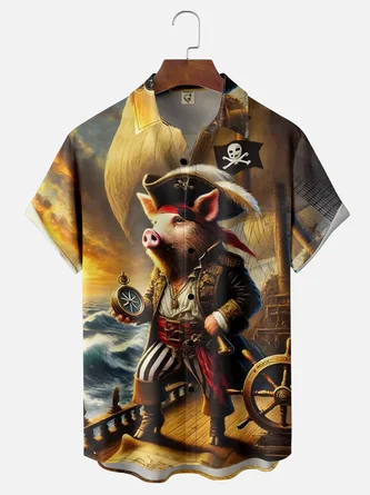 Moisture Wicking Pirate Pig Chest Pocket Hawaiian Shirt