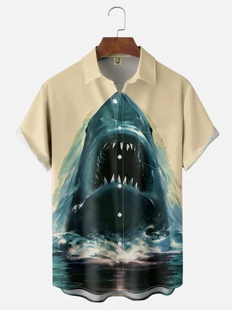 Moisture Wicking Great White Shark Chest Pocket Hawaiian Shirt