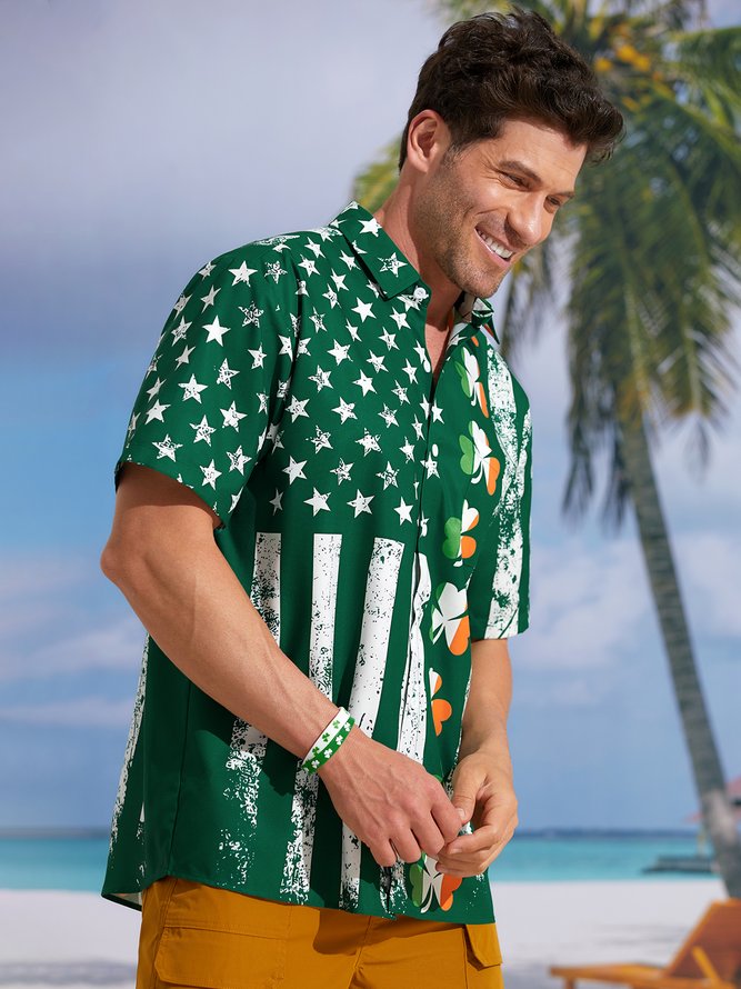 Hardaddy Hawaiian Button Up Shirt for Men Green St. Patrick's Day Lucky Clover American Flag Sharmark Regular Fit Short Sleeve Shirt St Paddy's Day Shirt