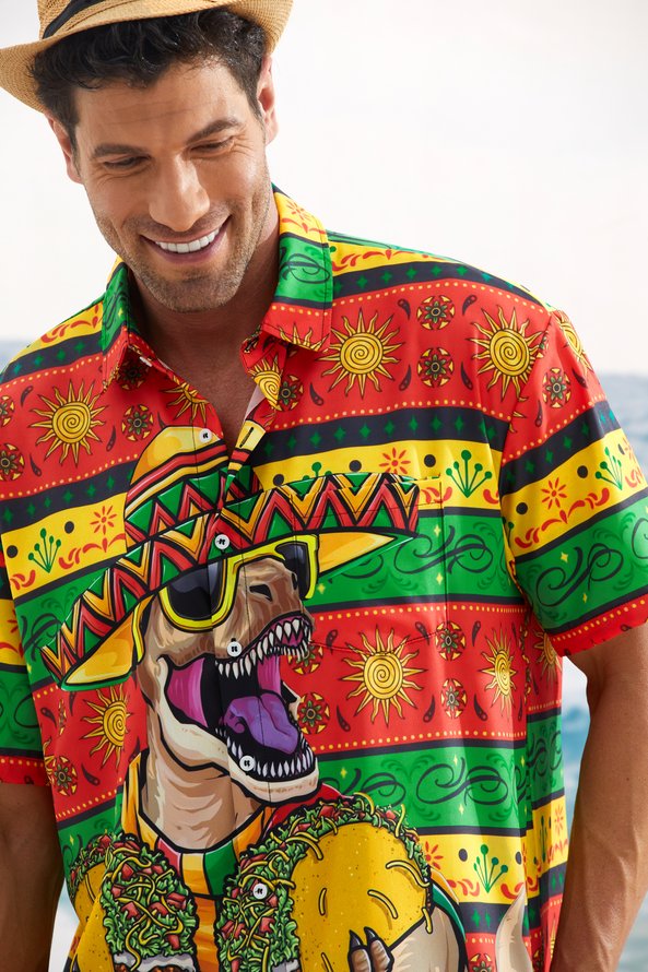 Hardaddy Dinosaur Cinco De Mayo Chest Pocket Short Sleeve Shirt