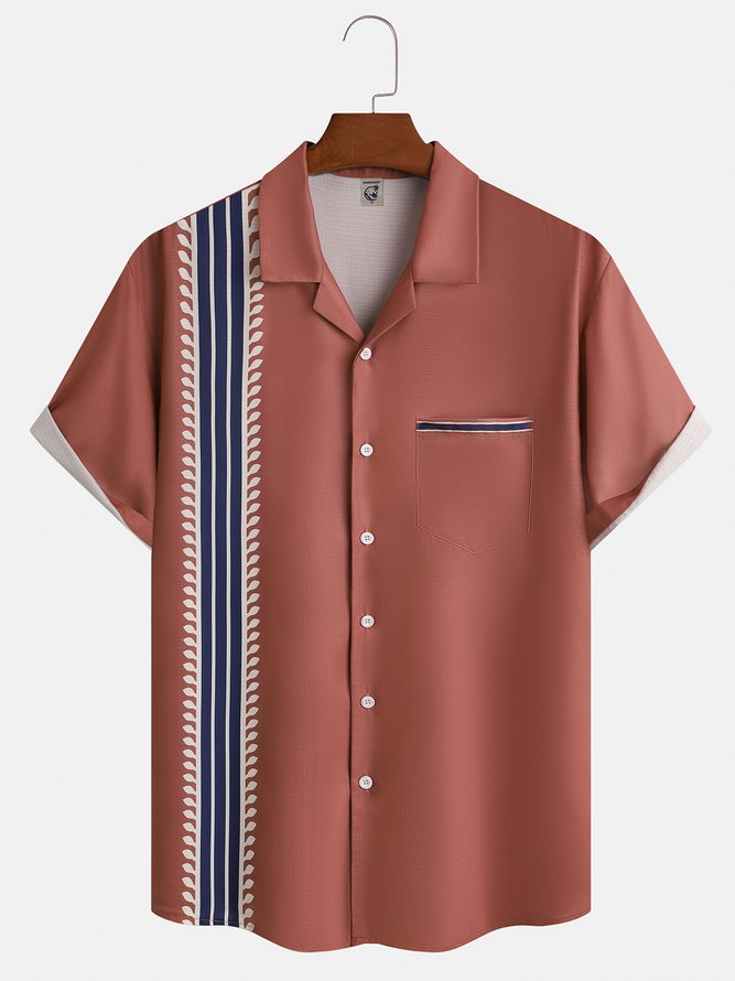 Leaf Stripe Chest Pocket Short Sleeve Bowling Shirt