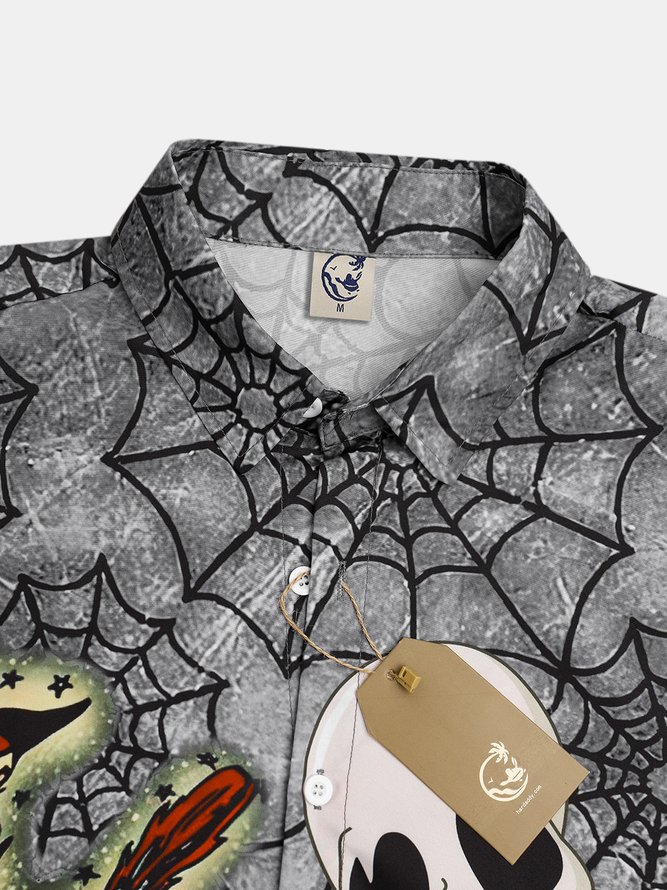 Men's Halloween Skull Print Moisture Wicking Fabric Fashion Lapel Short Sleeve Shirts