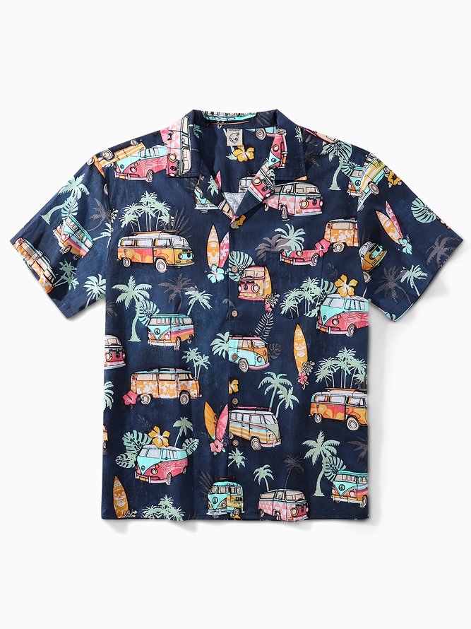 Hardaddy® Cotton Car Coconut Tree Chest Pocket Aloha Shirt