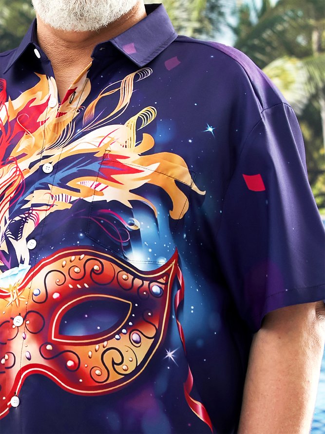 Hardaddy Big Size Carnival Party Mask Chest Pocket Short Sleeve Shirt