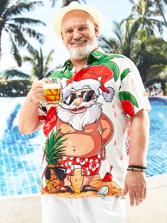 Big Size Santa Surfing Short Sleeve Hawaiian Shirt