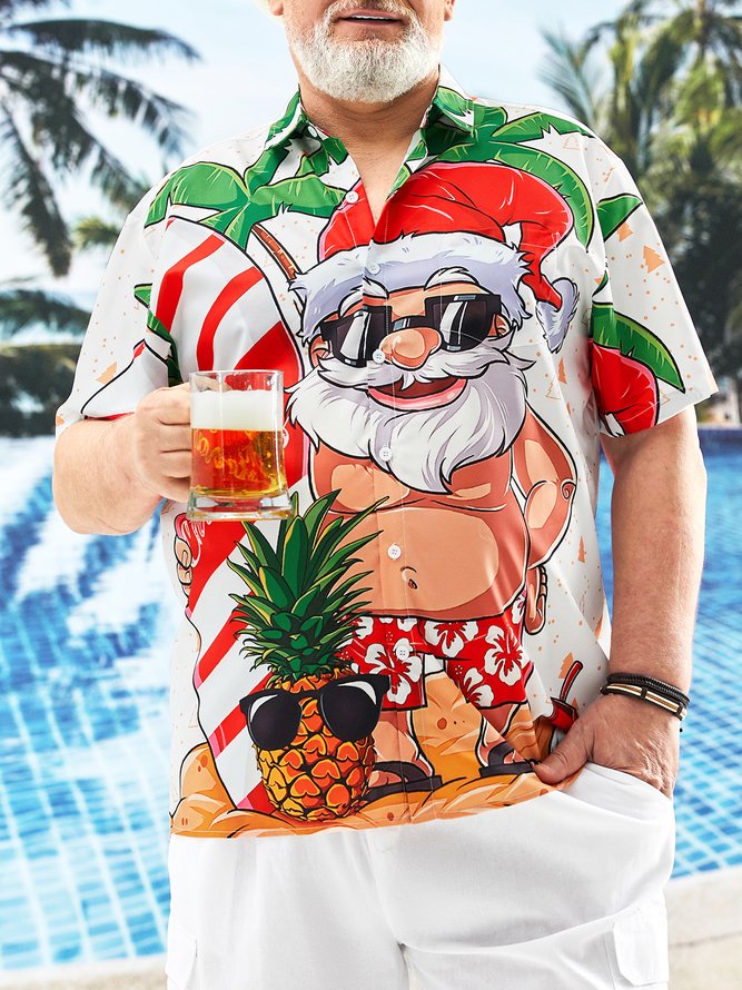 Big Size Santa Surfing Short Sleeve Hawaiian Shirt