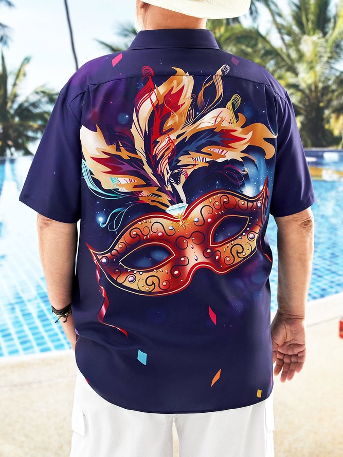 Hardaddy Big Size Carnival Party Mask Chest Pocket Short Sleeve Shirt