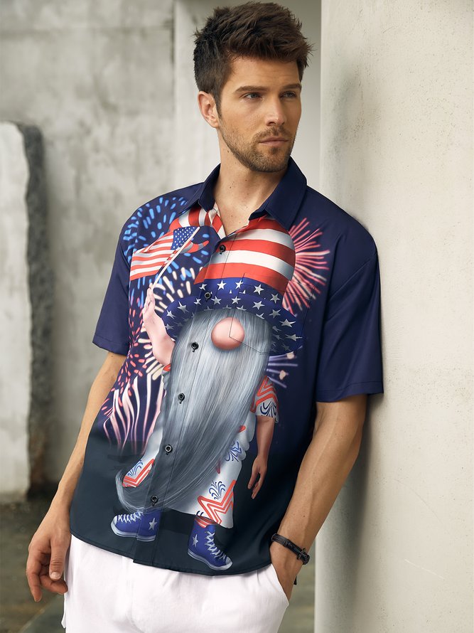 Hardaddy American Flag Gnome Chest Pocket Short Sleeve Casual Shirt