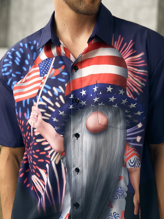 Hardaddy American Flag Gnome Chest Pocket Short Sleeve Casual Shirt
