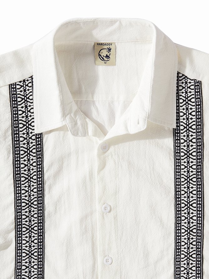 Geometric Stripe Short Sleeve Guayabera Shirt