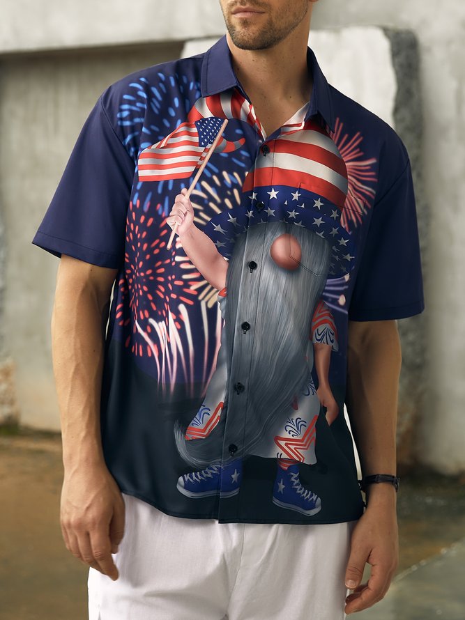 Hardaddy American Flag Gnome Chest Pocket Short Sleeve Casual Shirt