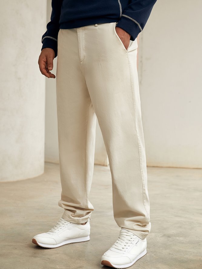 Cotton Blend Solid Straight Waist Casual Trousers