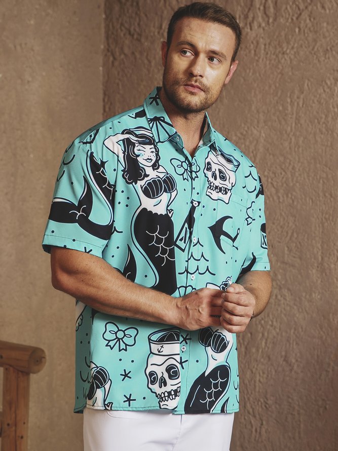 Hardaddy Mermaid Chest Pocket Short Sleeve Hawaiian Shirt