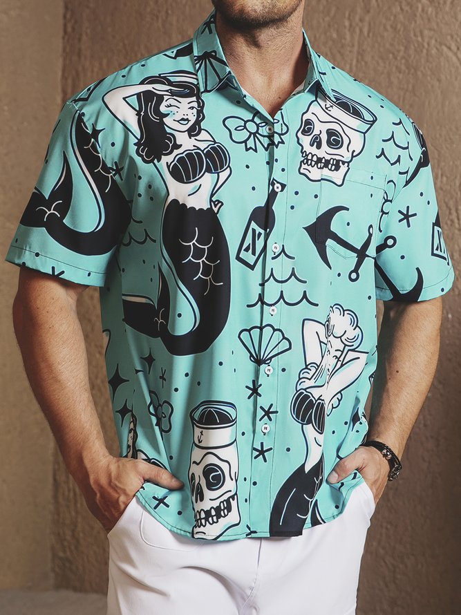 Hardaddy Mermaid Chest Pocket Short Sleeve Hawaiian Shirt