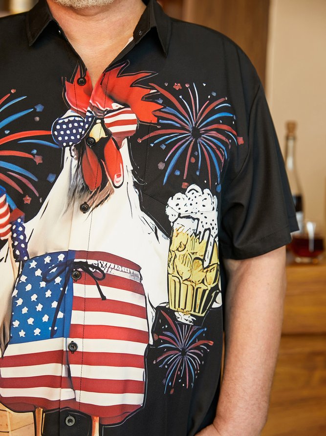 Hardaddy Big Size American Flag Rooster Chest Pocket Short Sleeve Shirt