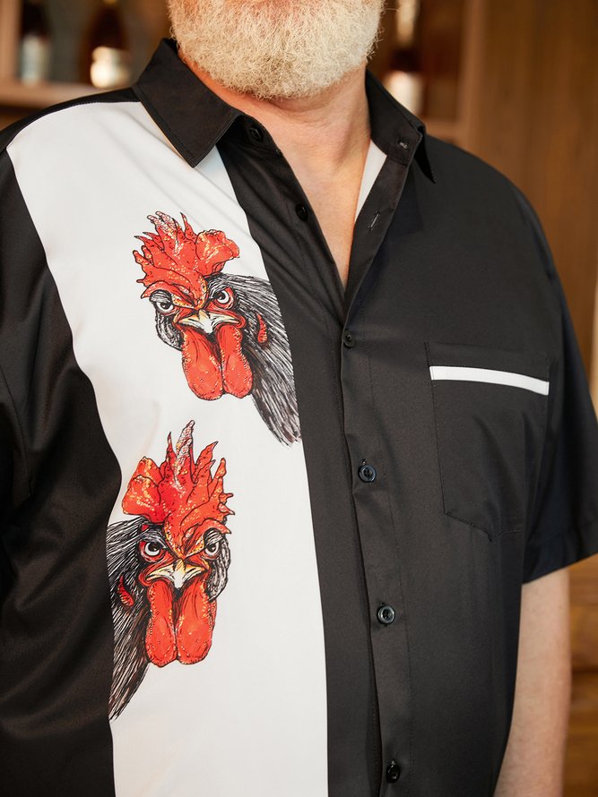 Hardaddy Big Size Rooster Chest Pocket Short Sleeve Bowling Shirt