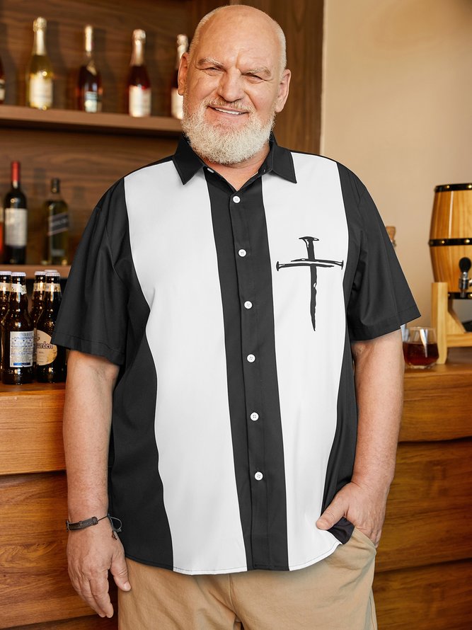 Hardaddy Big Size Crucifix Chest Pocket Short Sleeve Bowling Shirt