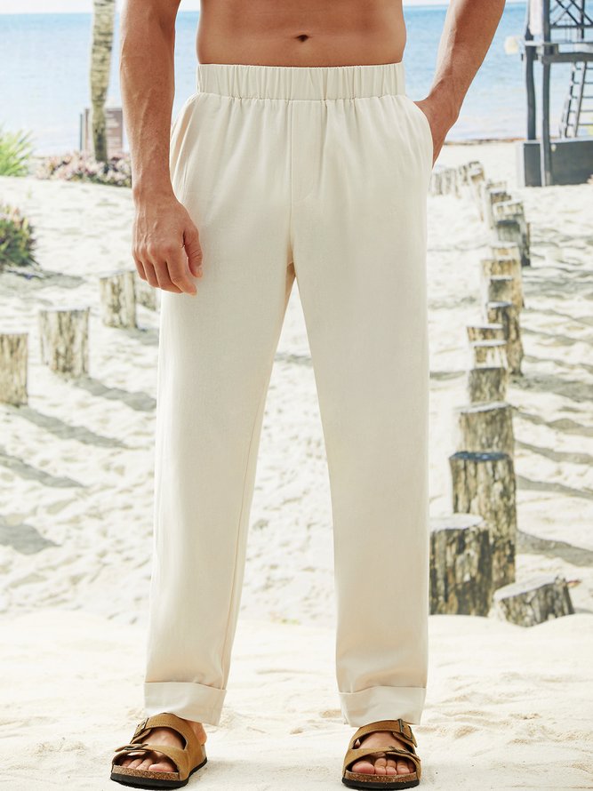 Hardaddy Cotton and Linen Plain Hawaiian Casual Trousers