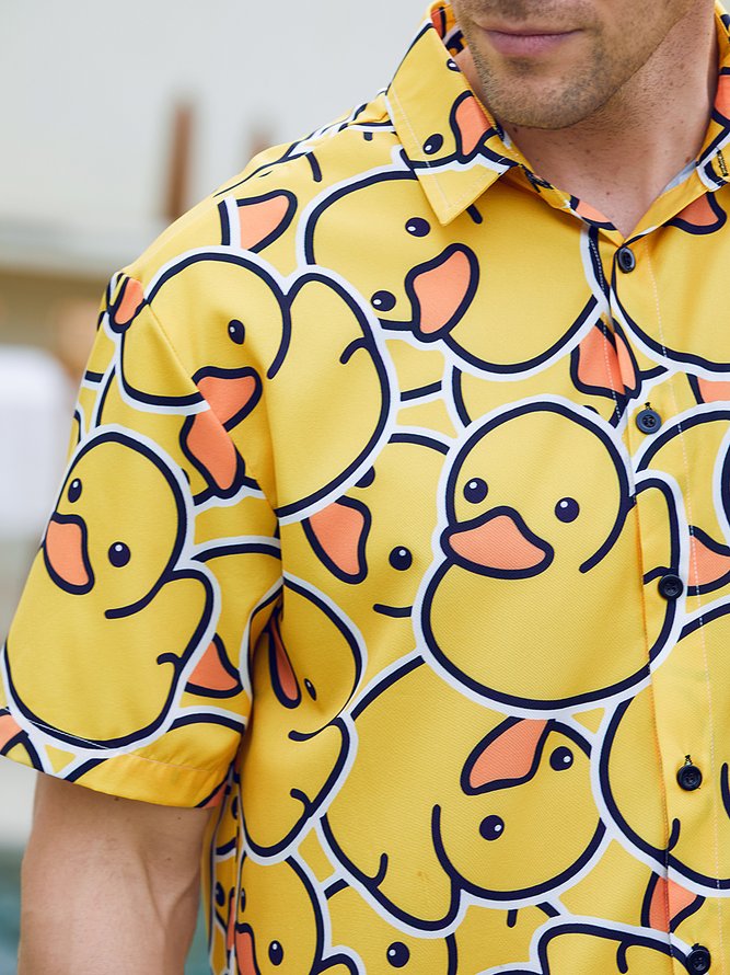 Hardaddy Yellow Duck Chest Pocket Short Sleeves Casual Shirt