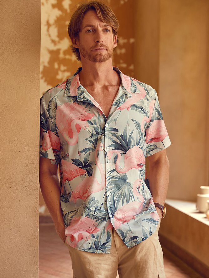 Hardaddy Men's Printed Casual Breathable Flamigo Short Sleeve Hawaiian Shirt