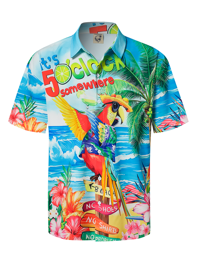 Hardaddy Party Shirts It's 5 O'Clock Somewhere Parrot Chest Pocket Short Sleeve Hawaiian Shirt