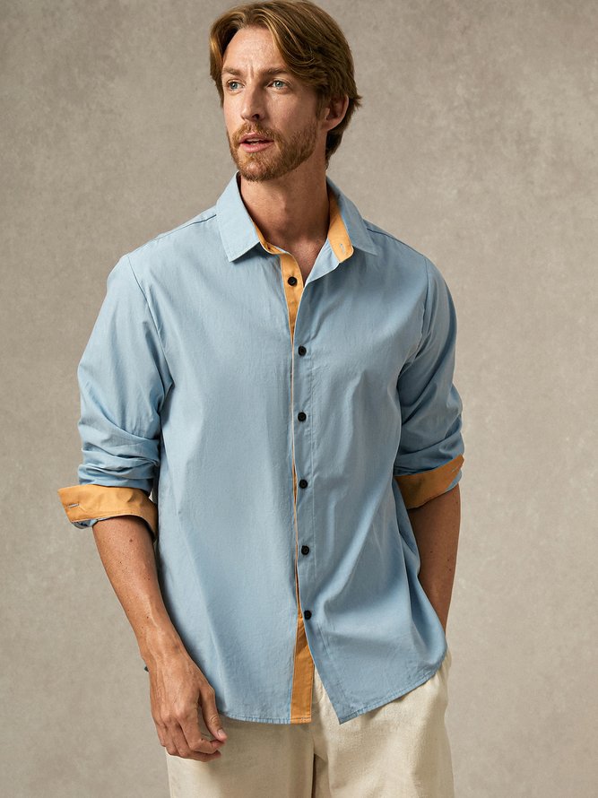 Hardaddy Stitching Color Contrast Chest Pocket Long Sleeve Casual Shirt