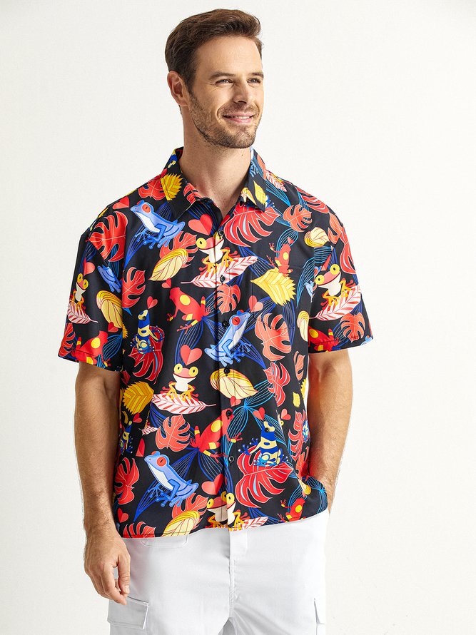 Frog Chest Pocket Short Sleeve Hawaiian Shirt