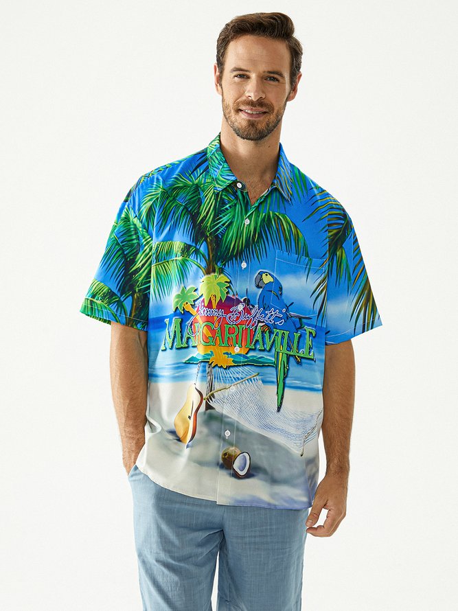 Hardaddy Blue Funny Button Down Hawaiian Shirt Tropical Parrots Music Coconuts Chest Pocket Short Sleeve Hawaiian Shirt