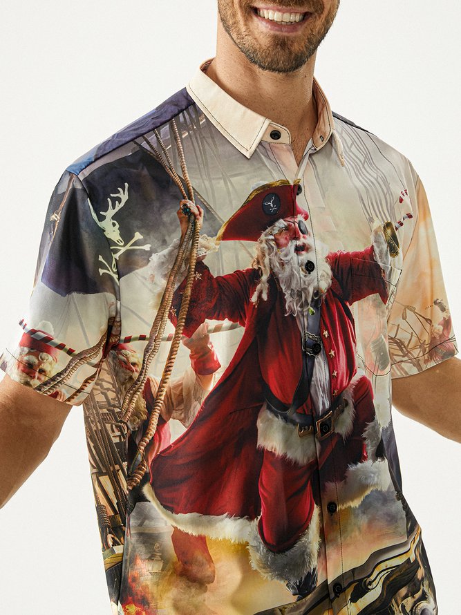 Hardaddy Christmas Pirate Santa Chest Pocket Short Sleeve Hawaiian Shirt