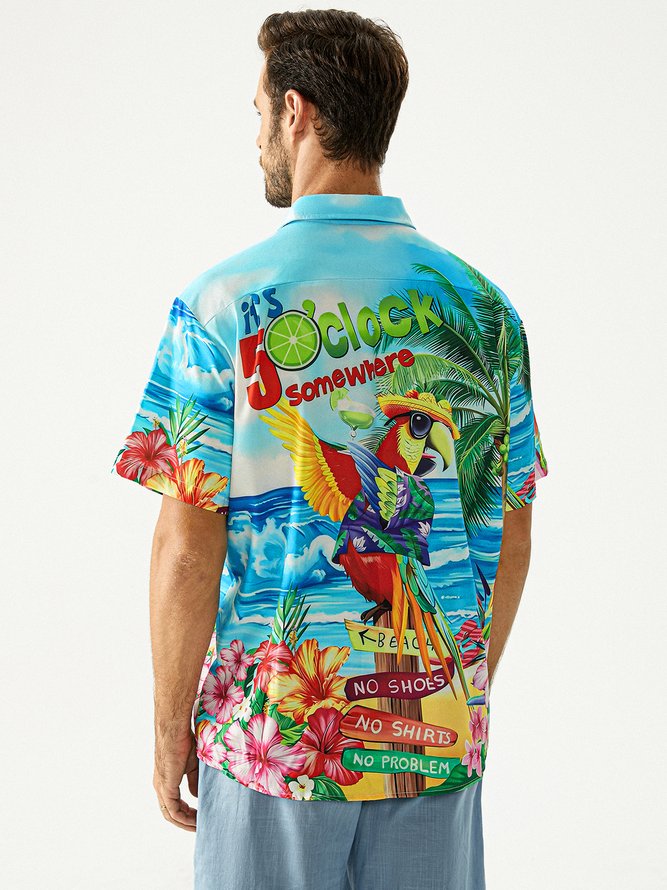 Hardaddy Party Shirts It's 5 O'Clock Somewhere Parrot Chest Pocket Short Sleeve Hawaiian Shirt