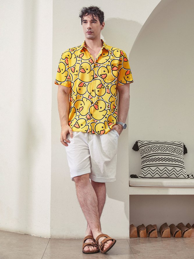 Hardaddy Yellow Duck Chest Pocket Short Sleeves Casual Shirt