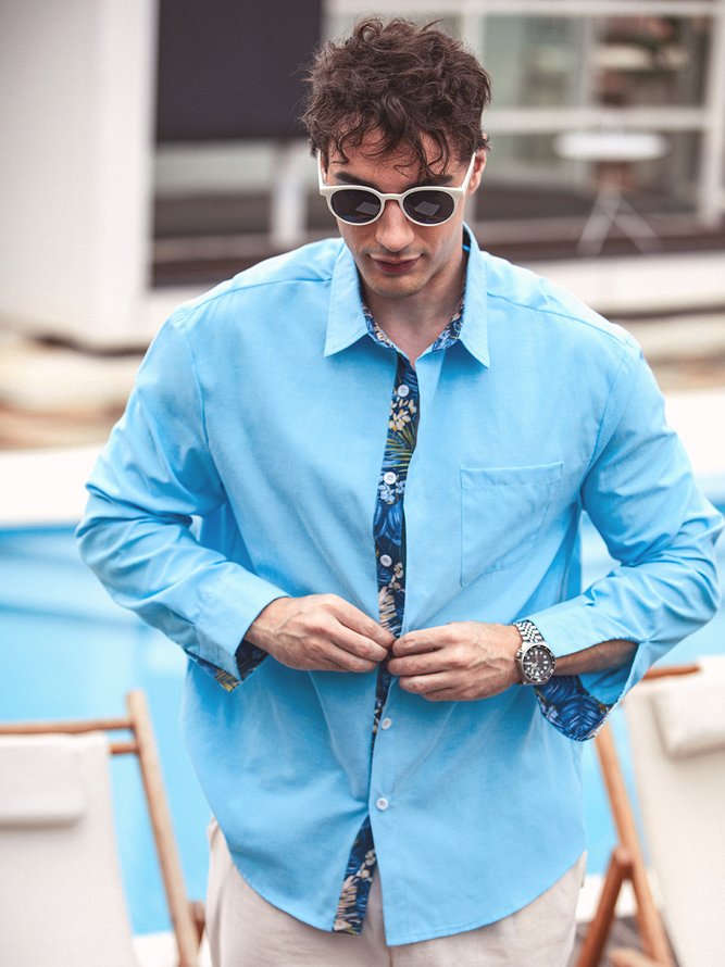Hardaddy Cotton Splicing Contrasting Floral Long Sleeve Casual Shirt