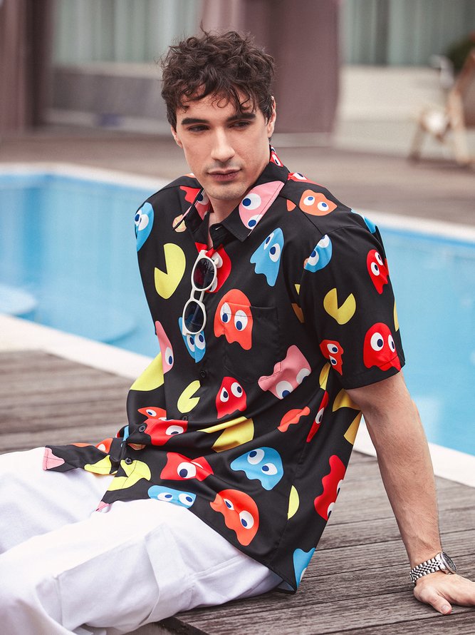 Hardaddy Pac Man Shirt Cartoon Pattern Chest Pocket Short Sleeve Casual Shirt