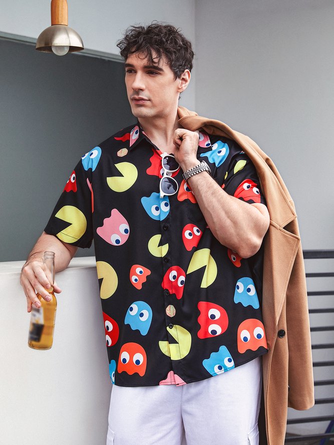 Hardaddy Pac Man Shirt Cartoon Pattern Chest Pocket Short Sleeve Casual Shirt