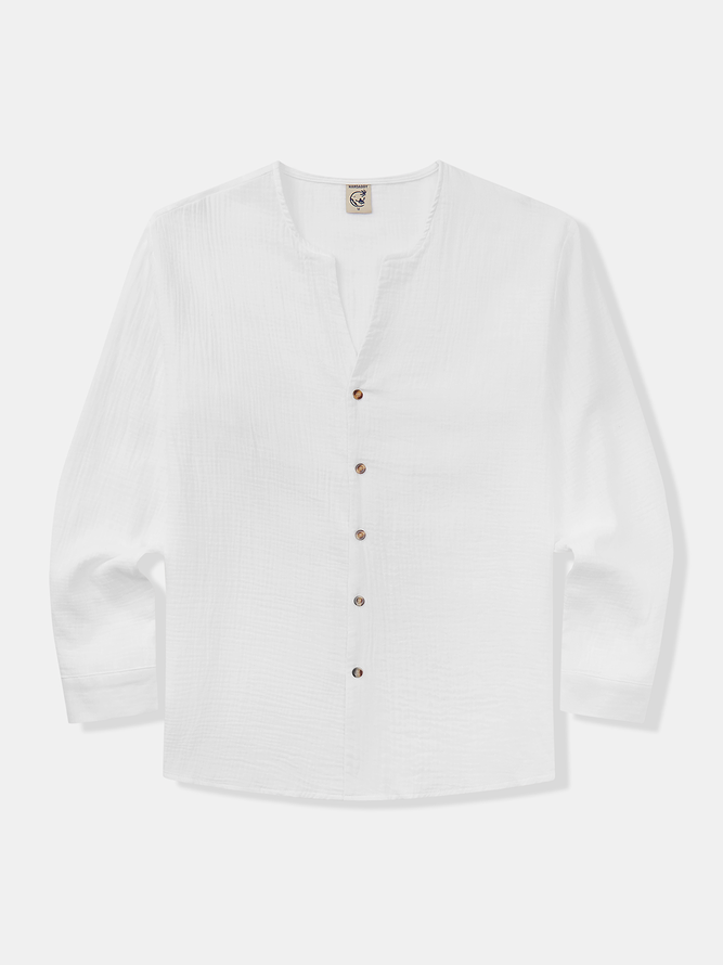 Hardaddy Cotton Plain Long Sleeves Notch Neck Casual Shirt