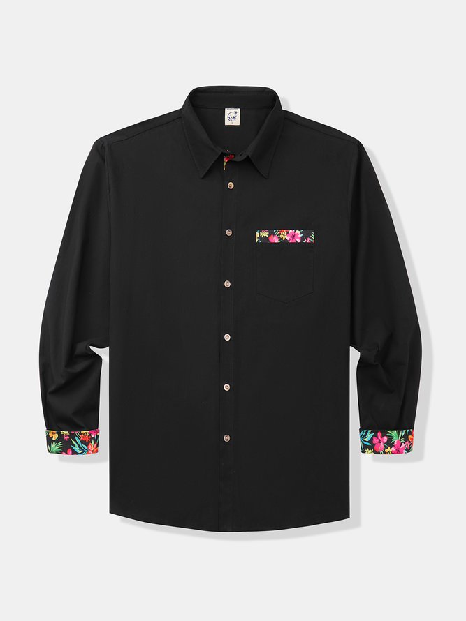 Hardaddy Cotton Plain Paneled Floral Long Sleeve Casual Shirt