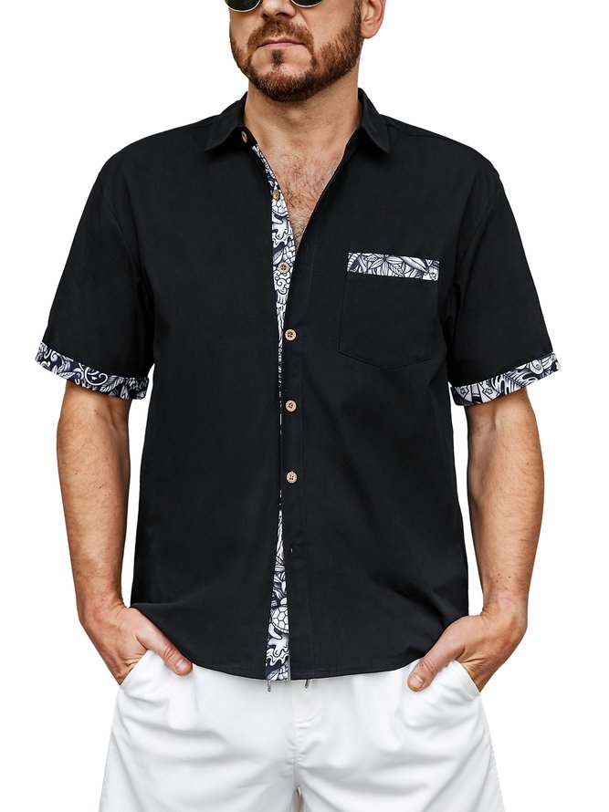 Hardaddy 100% Cotton Patchwork Tiki Black Short Sleeve Regular Fit Hawaiian Loose Resort Shirt