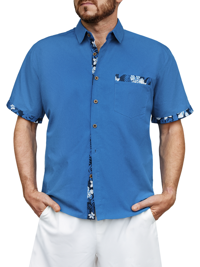Hardaddy 100%Cotton Patchwork Floral Regular Fit Blue Men Short Sleeve Hawaiian Casual Shirt